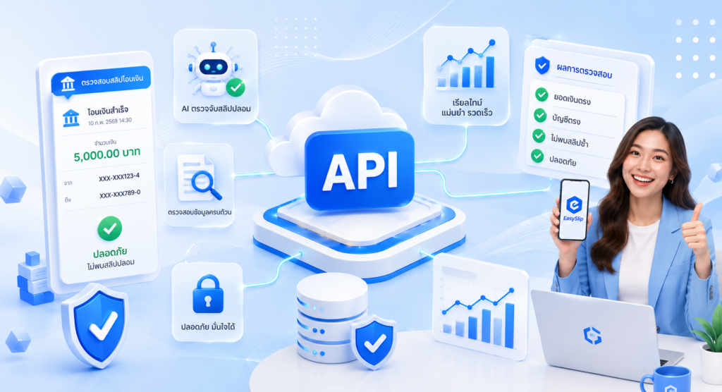 ริการ EasySlip API (Slip Verification API) เป็นบริการตรวจสอบสลิปโอนเงินแบบอัตโนมัติ