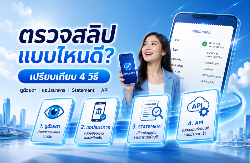 ตรวจสลิปแบบไหนดี? เปรียบเทียบ 4 วิธี ดูด้วยตา เช็กแอปธนาคาร ดู Statement และใช้ API